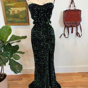 Black & Green Sequin Cutout Maxi Dress | Strapless Glam Formal Gown